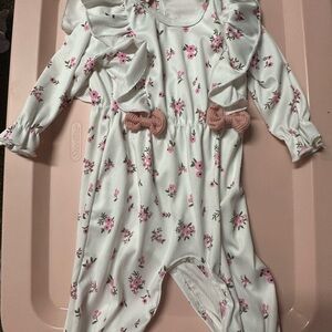 SHEIN White Floral Ruffle One-Piece Bodysuit with Pink Bows